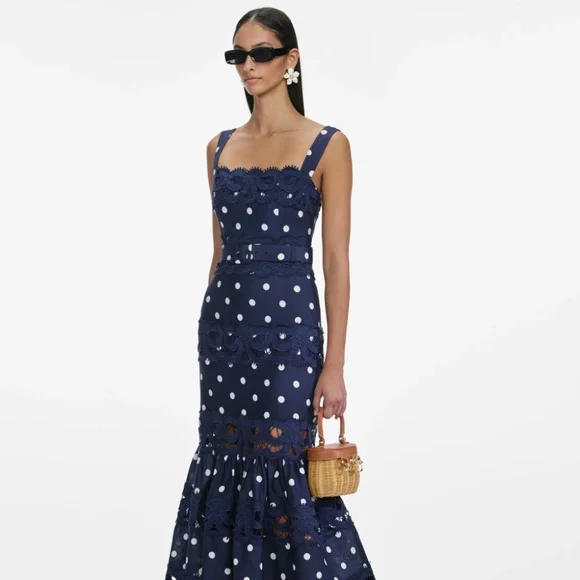 Self-Portrait Navy and White Polka Dot Midi Dress - Picture 2 of 8